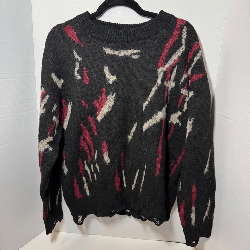 MALLRATS Distressed Abstract Print Black Red Gray Knit Sweater‎ Women's Medium